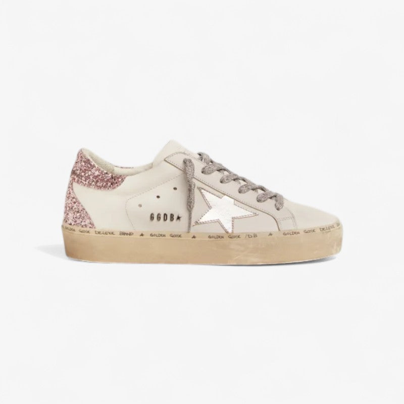 GOLDEN GOOSE Star Sneakers With Silver Laminated Leather Star And Quartz-pink Glitter Heel Tab