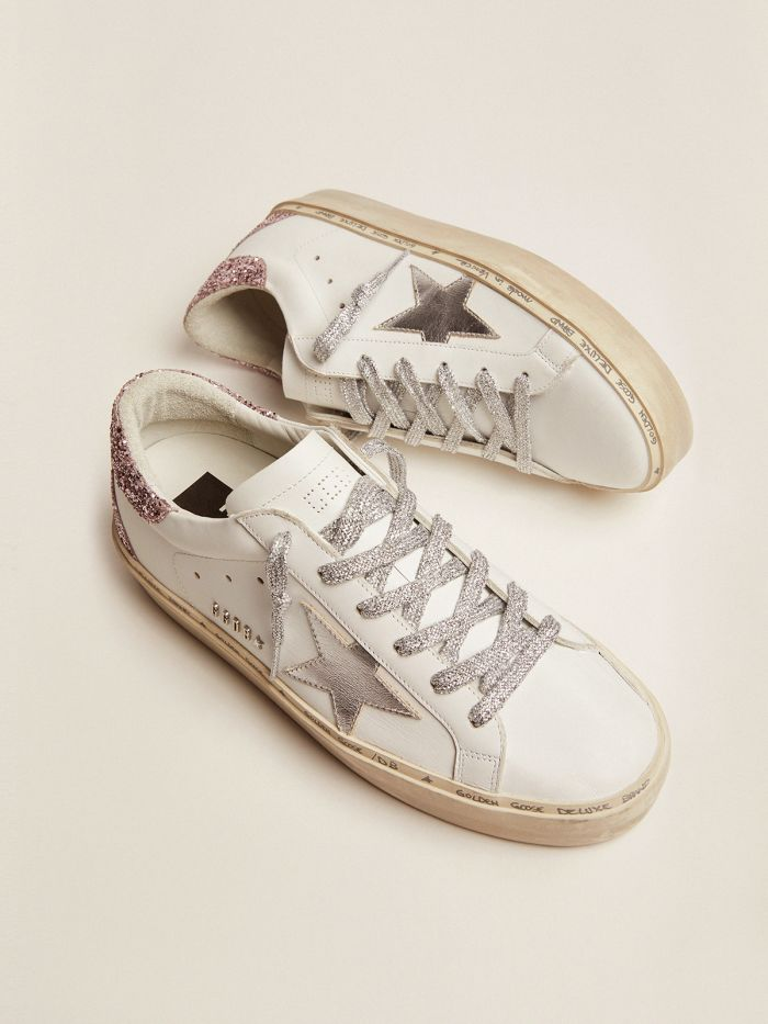 GOLDEN GOOSE Star Sneakers With Silver Laminated Leather Star And Quartz-pink Glitter Heel Tab